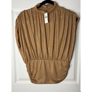 ANTHROPOLOGIE Maeve ruched mockneck crinkle muscle tee cedar metallic  Med NWT